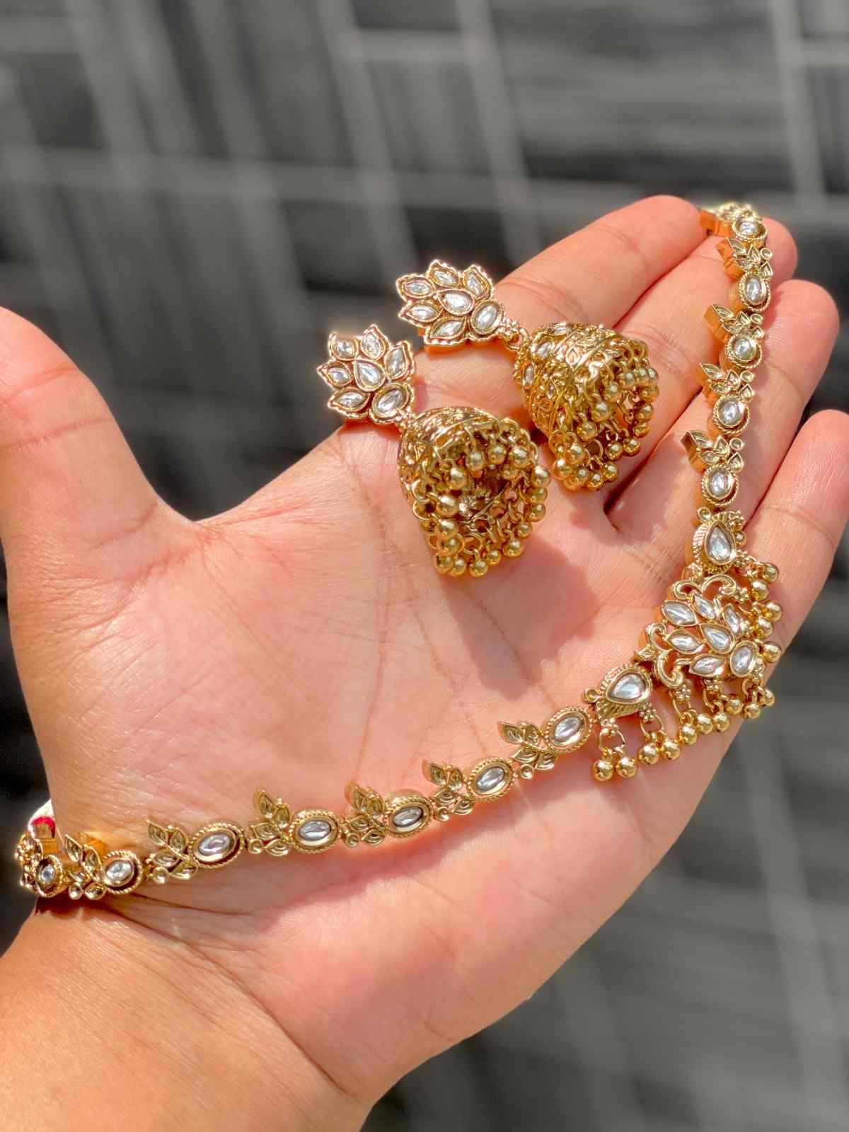 Beautiful Premium Quality Matt Gold Plated Original Brass Polky Necklace With Beautiful Jhumkie ... 